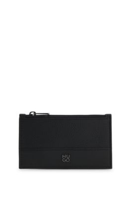 Card holder in grained and plain leather, Black