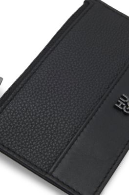 Card holder in grained and plain leather, Black