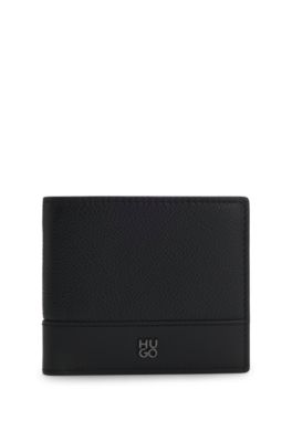 Cartera plegable de piel con detalle de logo apilado, Negro