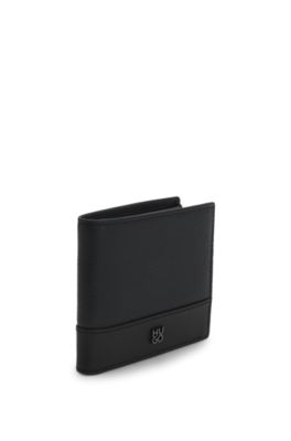 Leather folding wallet with stacked-logo trim, Black