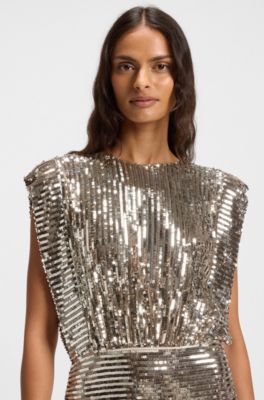 Shoulder-pad dress with sequins, Dark Orange
