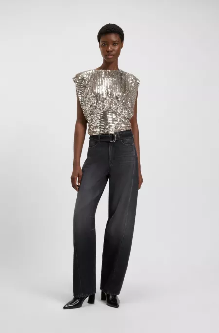 Shoulder-pad top with sequins