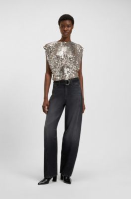 Shoulder-pad top with sequins, Dark Orange