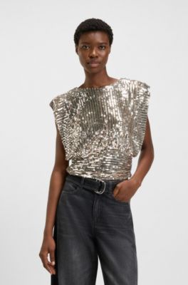 Shoulder-pad top with sequins, Dark Orange