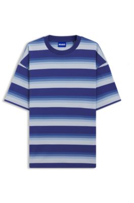 Loose-fit T-shirt in cotton with block stripes, Celeste