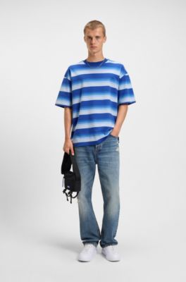Loose-fit T-shirt in cotton with block stripes, Celeste