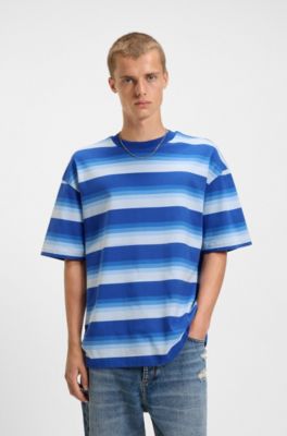 Loose-fit T-shirt in cotton with block stripes, Light Blue