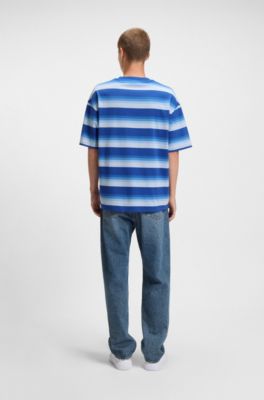 Loose-fit T-shirt in cotton with block stripes, Celeste