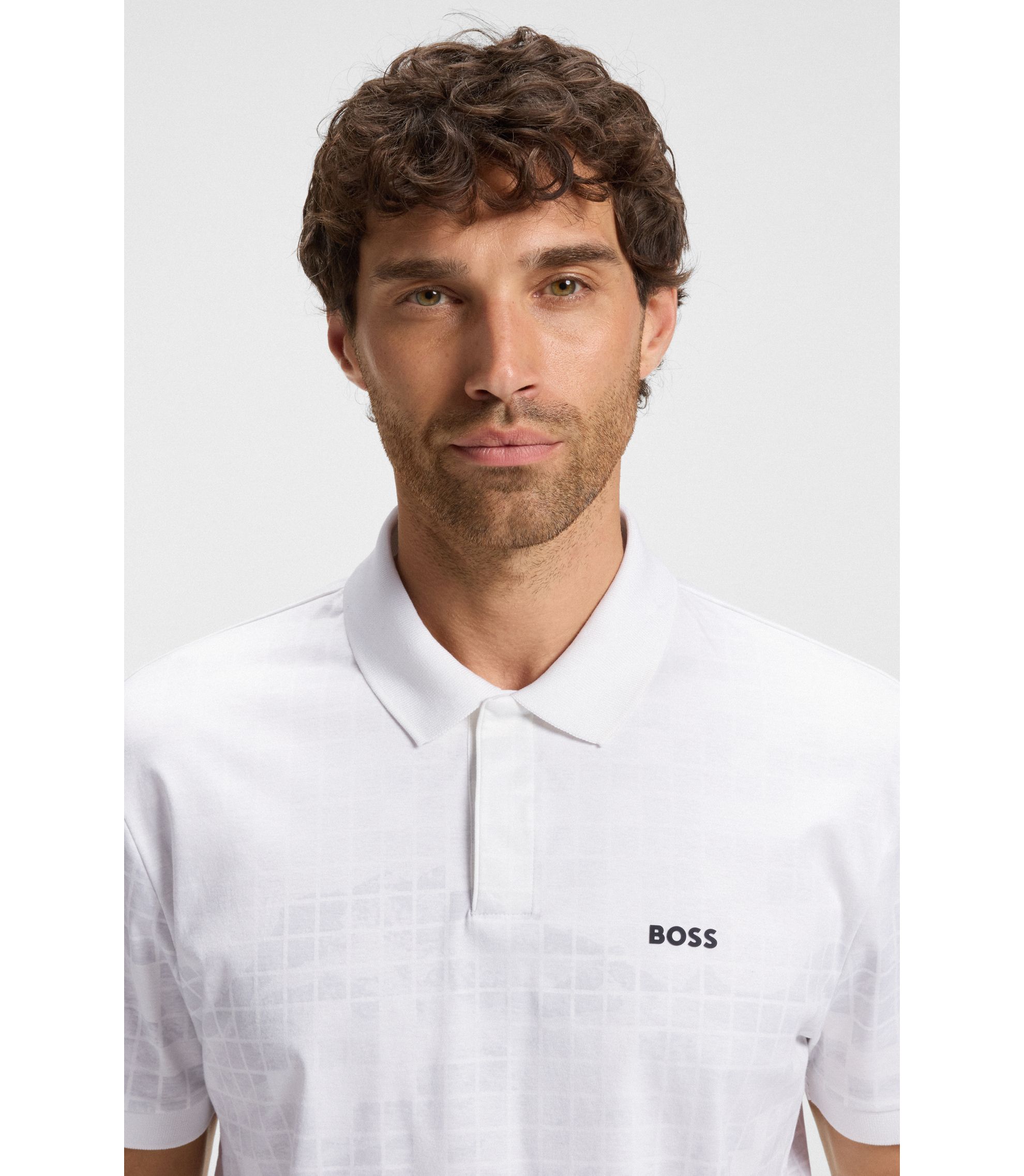 BOSS ホワイト 長袖ポロシャツ XL　刺繍　ラッピング済み　ギフトBOX付き BOSS - Printed-graphic polo shirt in mercerised cotton - White