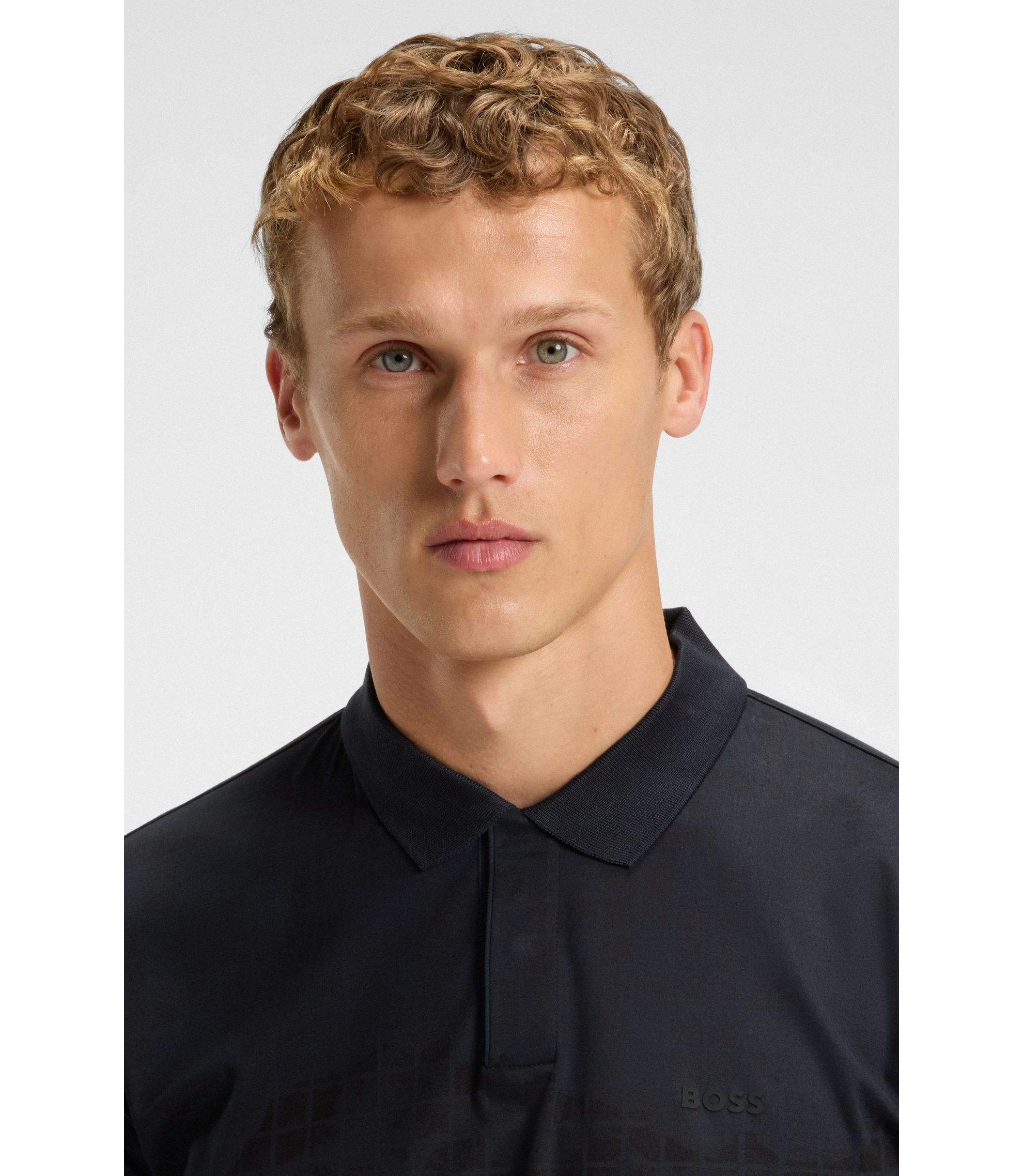 BOSS - Printed-graphic polo shirt in mercerised cotton - Dark Blue