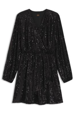 Sequin dress with wrap front, Black
