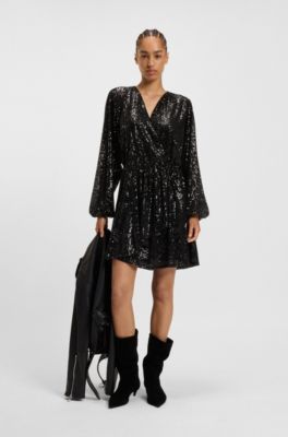Sequin dress with wrap front, Black