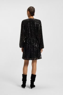 Sequin dress with wrap front, Black