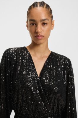 Sequin dress with wrap front, Black
