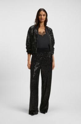 Pantalones de pernera ancha con adornos de lentejuelas, Negro