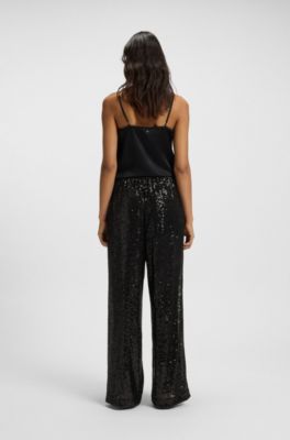 Pantalones de pernera ancha con adornos de lentejuelas, Negro