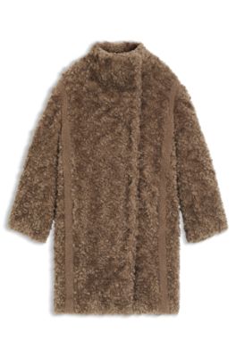 Concealed-closure coat in faux fur, Light Brown