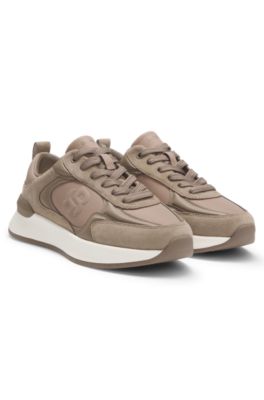 Low-top trainers with suede and faux leather, Light Brown
