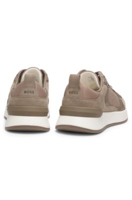 Low-top trainers with suede and faux leather, Light Brown