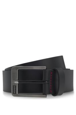 Smooth leather belt with logo pin buckle, Black
