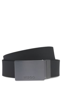 Reversible Italian-leather belt with two buckles, Black