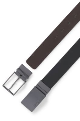 Reversible Italian-leather belt with two buckles, Black