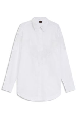 Blusa oversize fit en lona de algod&oacute;n con intarsia de encaje, Blanco