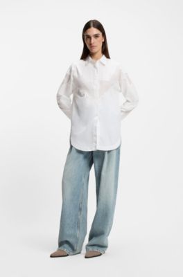 Blusa oversize fit en lona de algod&oacute;n con intarsia de encaje, Blanco