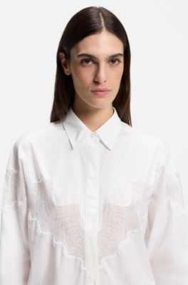 Blusa oversize fit en lona de algod&oacute;n con intarsia de encaje, Blanco