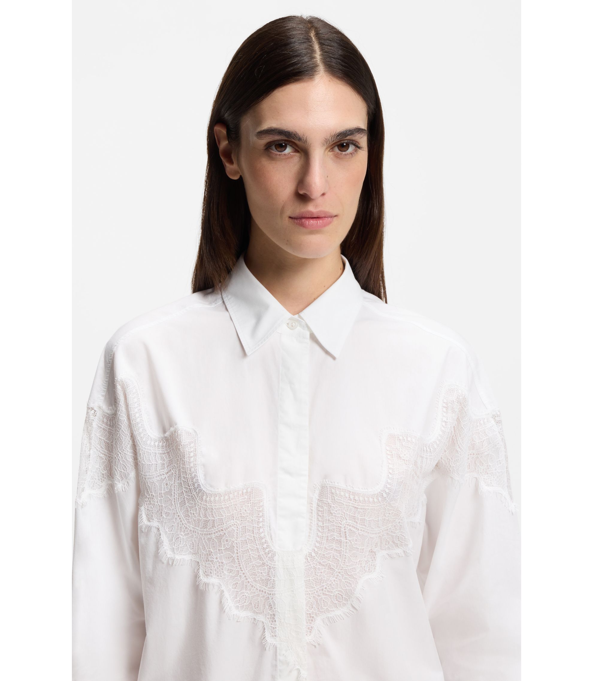 BOSS - Oversized-fit blouse with lace motif - White