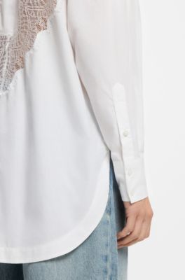 Blusa oversize fit en lona de algod&oacute;n con intarsia de encaje, Blanco