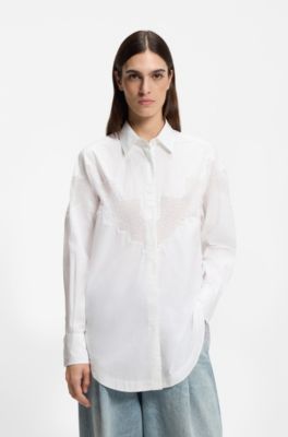 Blusa oversize fit en lona de algod&oacute;n con intarsia de encaje, Blanco
