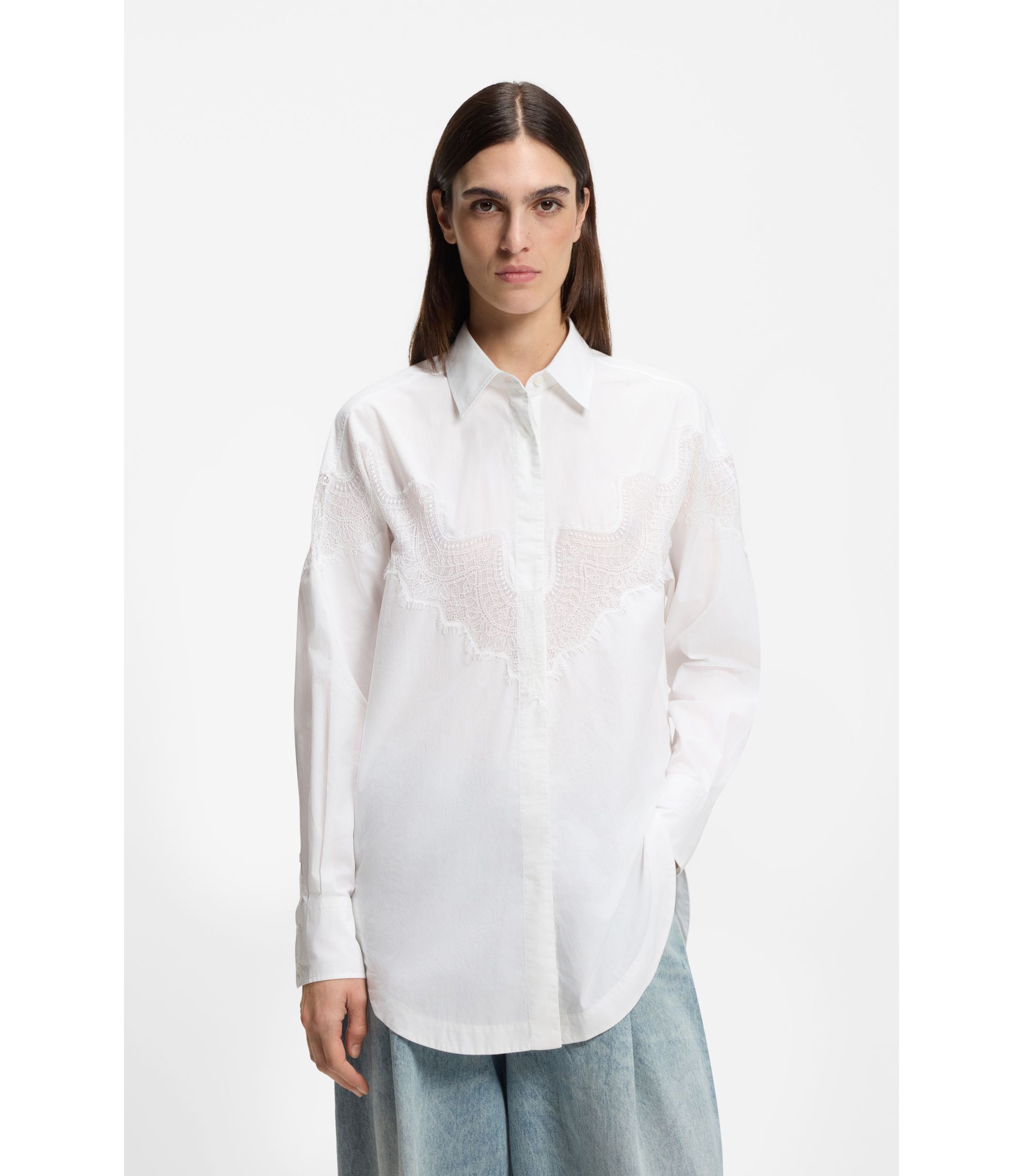 BOSS - Oversized-fit blouse with lace motif - White