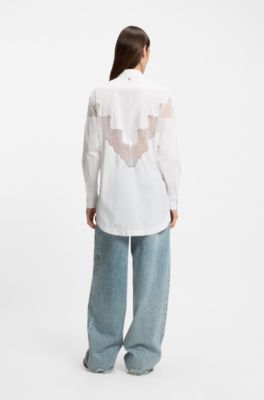Blusa oversize fit en lona de algod&oacute;n con intarsia de encaje, Blanco