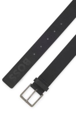 Cintur&oacute;n de piel italiana con motivo de rayas y logotipo, Negro