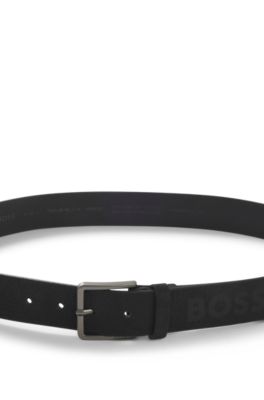 Cintur&oacute;n de piel italiana con motivo de rayas y logotipo, Negro