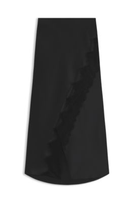 Falda maxi cruzada de sat&eacute;n con detalle de encaje, Negro