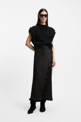 Falda maxi cruzada de sat&eacute;n con detalle de encaje, Negro