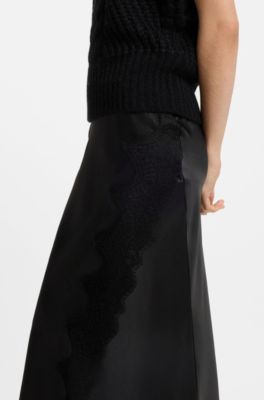 Falda maxi cruzada de sat&eacute;n con detalle de encaje, Negro