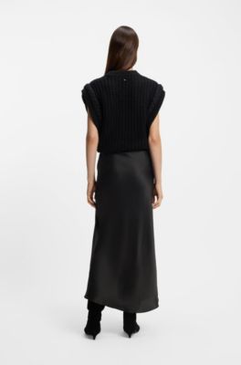 Jupe longue portefeuille en satin avec finition en dentelle, Noir