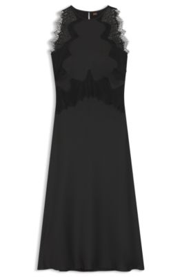 Vestido en sat&eacute;n de sirsaca con ribetes de encaje, Negro