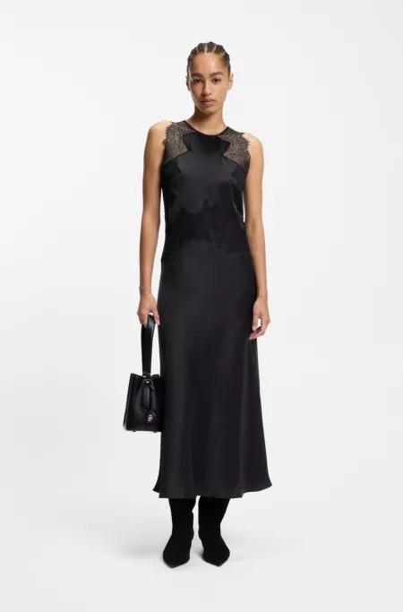 Lace-trim dress in seersucker satin