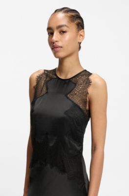 Vestido en sat&eacute;n de sirsaca con ribetes de encaje, Negro