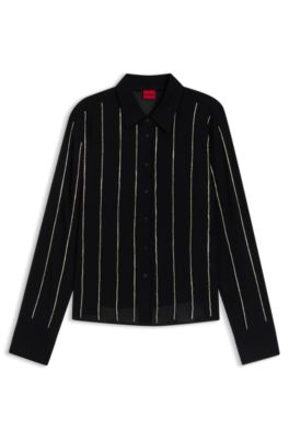 Blusa regular fit en crep&eacute; con rayas diplom&aacute;ticas de estr&aacute;s, Negro