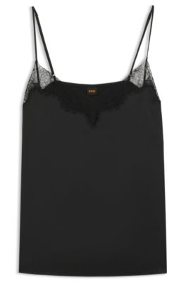 Camisola de sat&eacute;n con detalles de encaje, Negro
