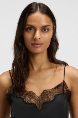 Camisola de sat&eacute;n con detalles de encaje, Negro