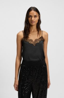 Camisola de sat&eacute;n con detalles de encaje, Negro