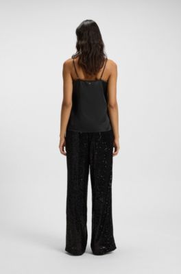 Camisola de sat&eacute;n con detalles de encaje, Negro