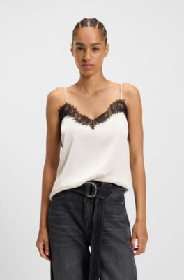 Camisola de sat&eacute;n con detalles de encaje, Blanco