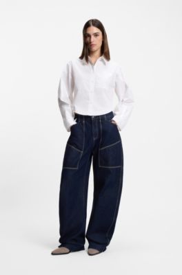Blusa corta oversize fit en popel&iacute;n de algod&oacute;n, Blanco